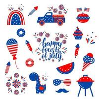 Independence day patriotic illustrations set. Cute vector prints for 4th of July. Independence day design elements in the colors of the US national flag.