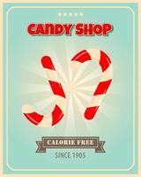 Retro poster design for candy shop. Candies vintage banner theme. Promotional banner for sweets, cakes and desserts. vector