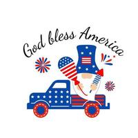 God bless America inscription with truck, gnome. Cute vector prints for 4th of July. Independence day design elements in the colors of the US national flag.