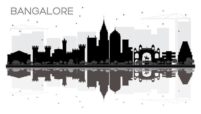 Bangalore City skyline black and white silhouette with reflections.