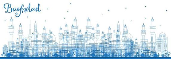 Outline Baghdad Skyline with Blue Buildings. vector