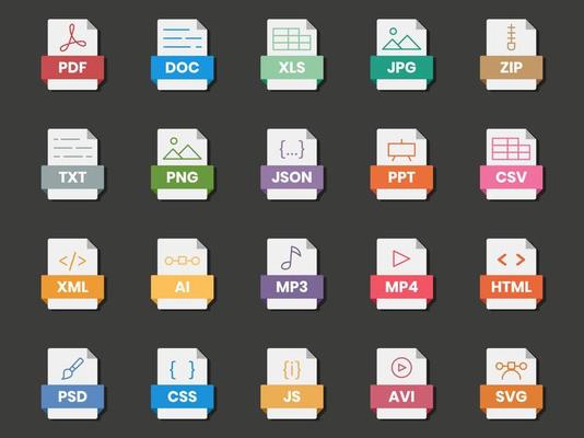 Document file format folder pdf doc xls jpg zip txt png json ppt csv xml ai mp3 mp4 html psd css js avi svg