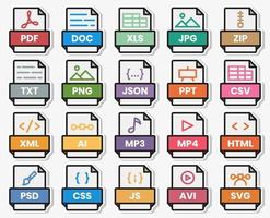 Document file format folder pdf doc xls jpg zip txt png json ppt csv xml ai mp3 mp4 html psd css js avi svg vector