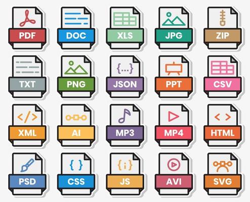 Document file format folder pdf doc xls jpg zip txt png json ppt csv xml ai mp3 mp4 html psd css js avi svg