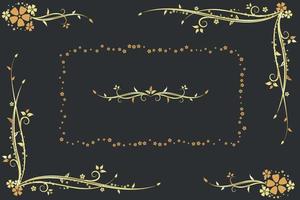 Elegant Golden Ornamental Floral Border Frames Element with Hand Drawn Creeper and Flower on Black Background vector