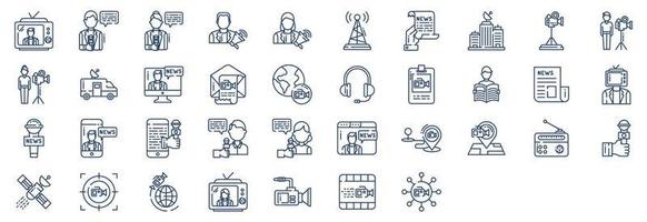 Collection of icons related to News and media, including icons like Anchor, Announcement, Antenna, Archive, and more. vector illustrations, Pixel Perfect set