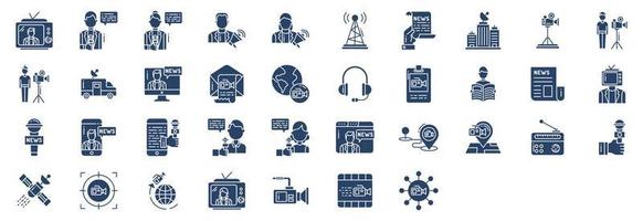 Collection of icons related to News and media, including icons like Anchor, Announcement, Antenna, Archive, and more. vector illustrations, Pixel Perfect set