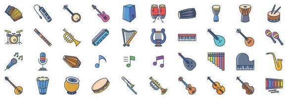 Collection of icons related to Music Instruments, including icons like Accordion, Banjo, Bass Guitar, Conga and more. vector illustrations, Pixel Perfect set
