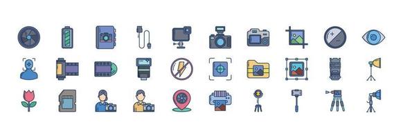 Collection of icons related to Photography, including icons like Camera, Film, Photographer, Cropping and more. vector illustrations, Pixel Perfect set