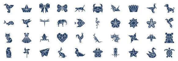 Collection of icons related to Origami, including icons like Bird, Boat, Butterfly, Cat and more. vector illustrations, Pixel Perfect set