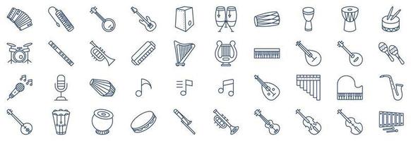 colección de íconos relacionados con instrumentos musicales, incluidos íconos como acordeón, banjo, bajo, conga y más. ilustraciones vectoriales, conjunto perfecto de píxeles vector