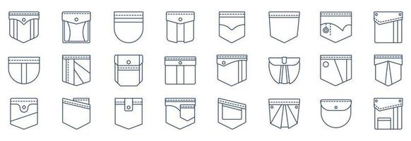 Collection of icons related to Pockets, including icons like Cloth, design, jeans and more. vector illustrations, Pixel Perfect set