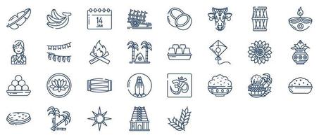 Collection of icons related to Pongal, including icons like Cow, Diya, Kite and more. vector illustrations, Pixel Perfect set