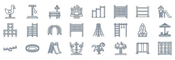 Collection of icons related to Playground, including icons like Ball Pool, Chin Up bar, Jumping Bar, Rings, See saw and more. vector illustrations, Pixel Perfect set