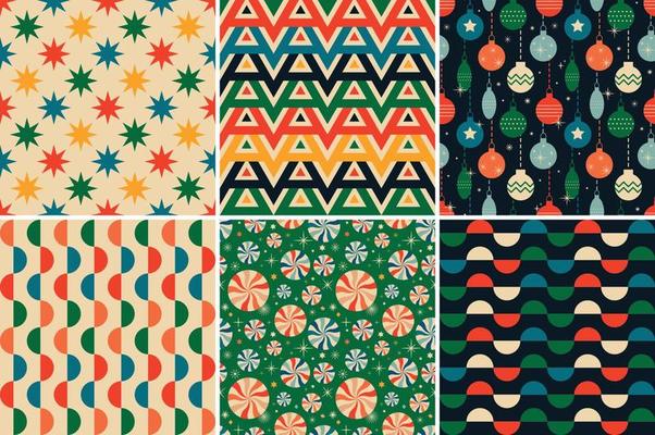 Vintage retro Christmas seamless patterns in the style of the 60s and 70s