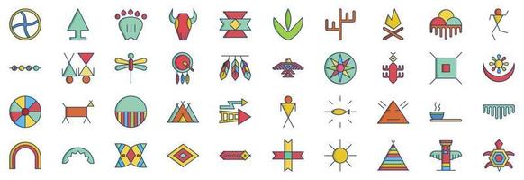 Collection of icons related to Native American Symbols, including icons like Arrow head, Buffalo Skull, Cactus and more. vector illustrations, Pixel Perfect set