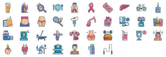 colección de íconos relacionados con la obesidad, incluidos íconos como cerveza, alcohol, artritis, atracones y más. ilustraciones vectoriales, conjunto perfecto de píxeles