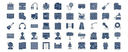 Collection of icons related to Music Studio, including icons like Amplifier Box, Amplifier, Audio Files, Bass  and more. vector illustrations, Pixel Perfect set