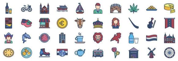 Collection of icons related to Netherland, including icons like Beer, Bicycle, Canal, Boat and more. vector illustrations, Pixel Perfect set