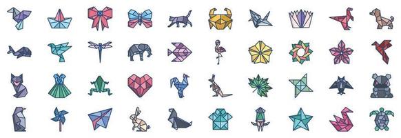 Collection of icons related to Origami, including icons like Bird, Boat, Butterfly, Cat and more. vector illustrations, Pixel Perfect set