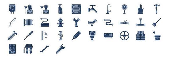 Collection of icons related to Plumber, including icons like Boiler, Cleaner, Faucet, Drainage and more. vector illustrations, Pixel Perfect set