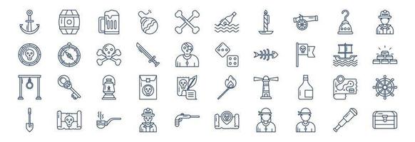 Collection of icons related to Pirates, including icons like Anchor, Barrel, Beer, Bomb and more. vector illustrations, Pixel Perfect set