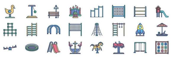 Collection of icons related to Playground, including icons like Ball Pool, Chin Up bar, Jumping Bar, Rings, See saw and more. vector illustrations, Pixel Perfect set