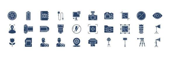 Collection of icons related to Photography, including icons like Camera, Film, Photographer, Cropping and more. vector illustrations, Pixel Perfect set