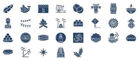 Collection of icons related to Pongal, including icons like Cow, Diya, Kite and more. vector illustrations, Pixel Perfect set