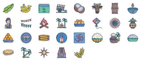 Collection of icons related to Pongal, including icons like Cow, Diya, Kite and more. vector illustrations, Pixel Perfect set