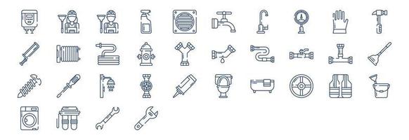 Collection of icons related to Plumber, including icons like Boiler, Cleaner, Faucet, Drainage and more. vector illustrations, Pixel Perfect set