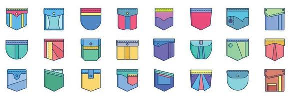 Collection of icons related to Pockets, including icons like Cloth, design, jeans and more. vector illustrations, Pixel Perfect set