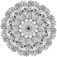 Mandala for Halloween, coloring page with magic books, cobwebs and autumn leaves vector