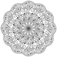 Halloween mandala outline, pumpkin and ghost holiday coloring page vector