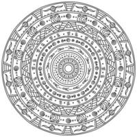 Outline mandala of several layers with various simple patterns, meditative coloring page with simple motives vector