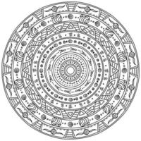 Outline mandala of several layers with various simple patterns, meditative coloring page with simple motives vector