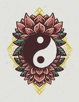 símbolo de yin yang con ilustración de estilo vintage de loto vector