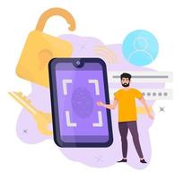 concepto de seguridad de datos. acceso biométrico. verificación e identificación biométrica. contraseña, inicio de sesión, autorización. escaneo de huellas dactilares el personaje masculino protege su teléfono inteligente. la seguridad cibernética. vector
