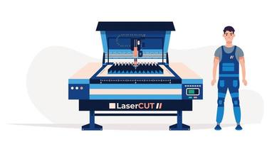 Laser cutter and operator isolated. Laser cutting equipment. Workpiece processing. vector