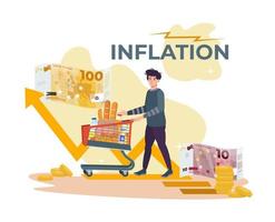 concepto de inflación. crecimiento de los precios de los alimentos. hombre con un carrito de compras sorprendido por el costo de los productos. pérdida de poder adquisitivo. compras en la tienda de comestibles. dinero en efectivo y monedas. vector