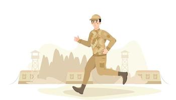 entrenamiento militar, entrenamiento militar. soldado corriendo. entrenamiento físico en el campamento militar, base. técnica de lucha. ilustración vectorial plana. vector
