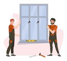 Two workers installing pvc windows. Windows replacement, renovation. Professionals renovating windows. Service. Advertisement, banner. Flat vector illustration.