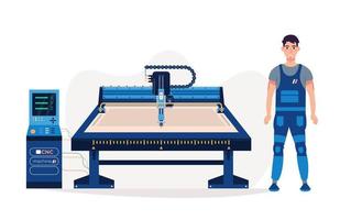 Computer numerical control, cnc machine isolated. Worker operator and cnc machine. Factory plant manufacturing equipment. Flat vector illustration.