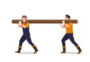 Men carrying a log. Woodcutters, carpenter working.  Cutting of trees. Firewood preparation. Poster, banner. Flat vector illustration.