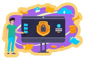 Data safety concept. Password, log in, authorization, Lock on the computer. Male character protects his account in the internet. User ensures cyber security. Flat vector illustration