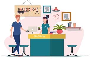 Male client of barbershop paying at the reception after haircut. Man in the beauty salon. Reception desk. Flat vector illustration.