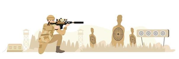 Army training, military training. Solider practicing shooting from the rifle. Target shooting. Sniper, shooter. Fight technique. Flat vector illustration.
