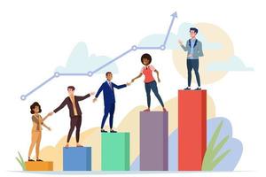 Teamwork concept. Group of people climbing graph. Company employees working together. Teambuilding. People helping and supporting each other at work. vector