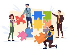 Teamwork concept. Colleagues doing a puzzle together. Company employees and partners working on the project. Mutual achievement of the goal. Team building. vector