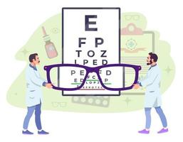 Ophthalmology concept. Eye doctors, oculists. Opticians, ophthalmologists holding eyeglasses. Eyesight examination, checkup. Eye care. Vision chart. Drops, remedy for disease treatment. Flat vector. vector